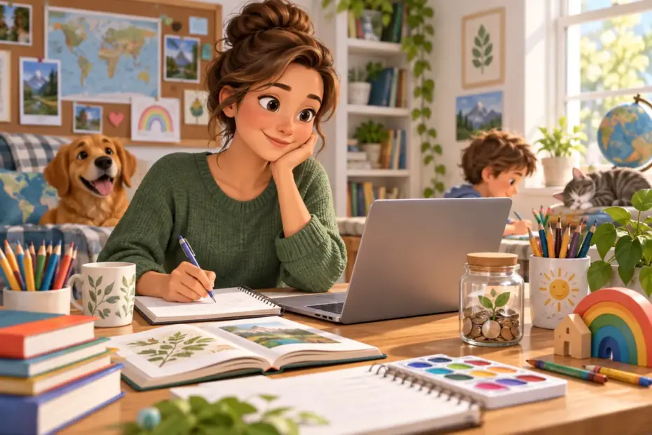A homeschool teacher plans lessons at a home desk with books and a laptop.