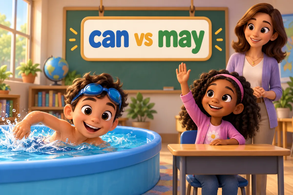 Cartoon children show can vs may: one swims to show ability and one raises a hand to ask permission.