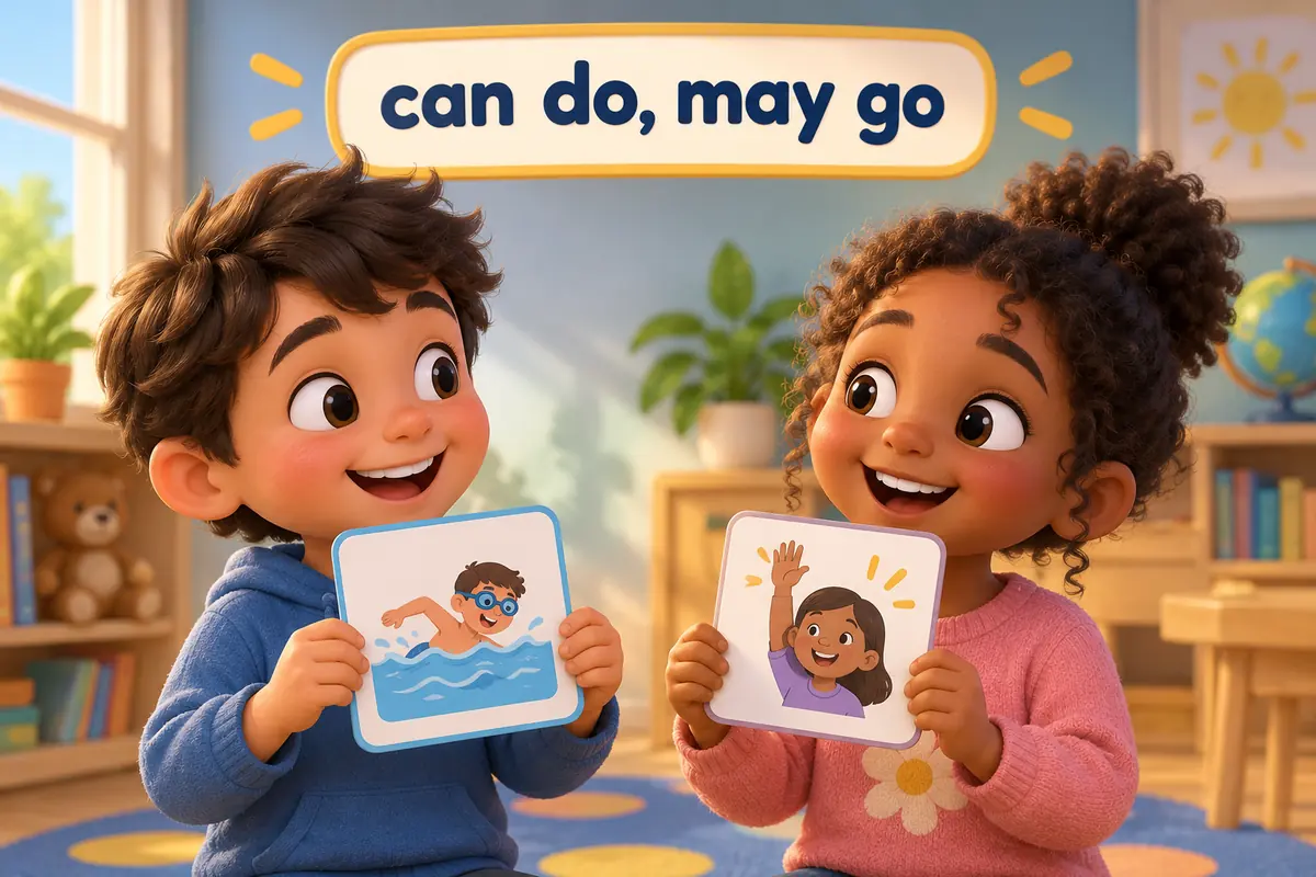 Two cartoon children compare action cards, one showing a child swimming and the other raising a hand.
