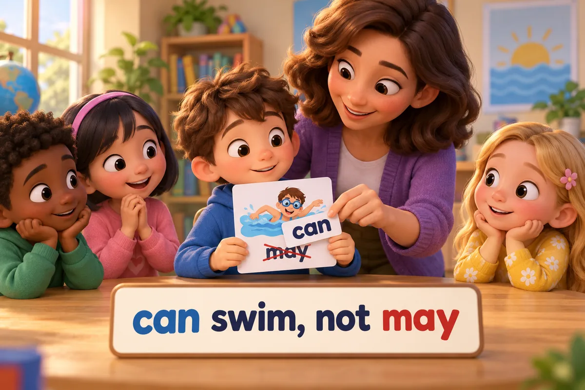A cartoon teacher corrects a card that wrongly says a child may swim to mean is able to swim.