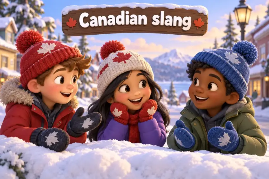 Cartoon children in winter coats use Canadian slang words and expressions like eh and toque in a snowy street.