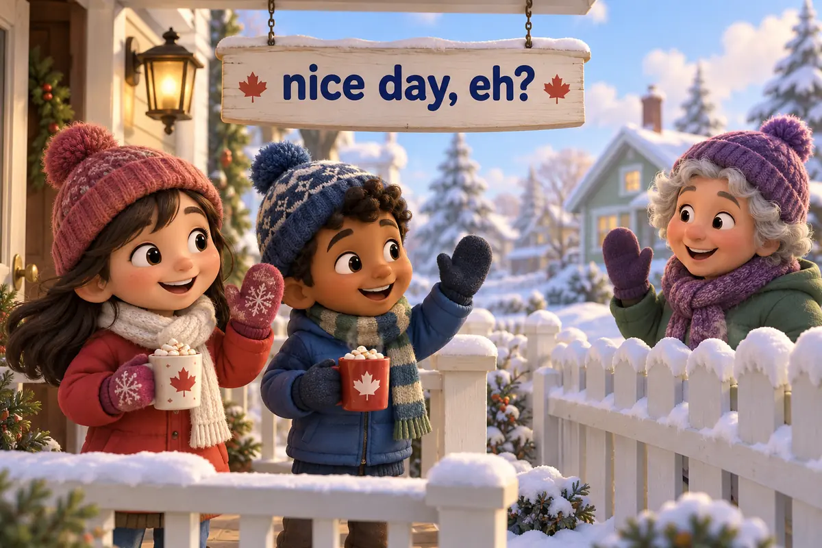 Cartoon children in winter coats greet each other with a friendly Canadian tag.
