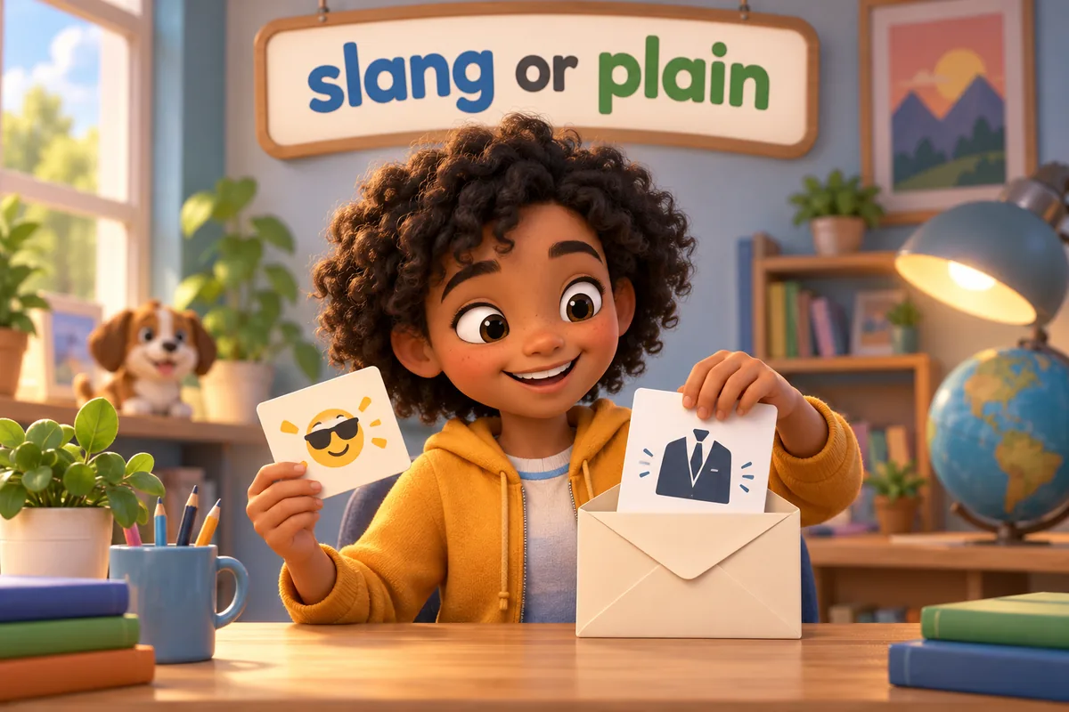 A cartoon child swaps a slang card for a formal card to choose the right register.