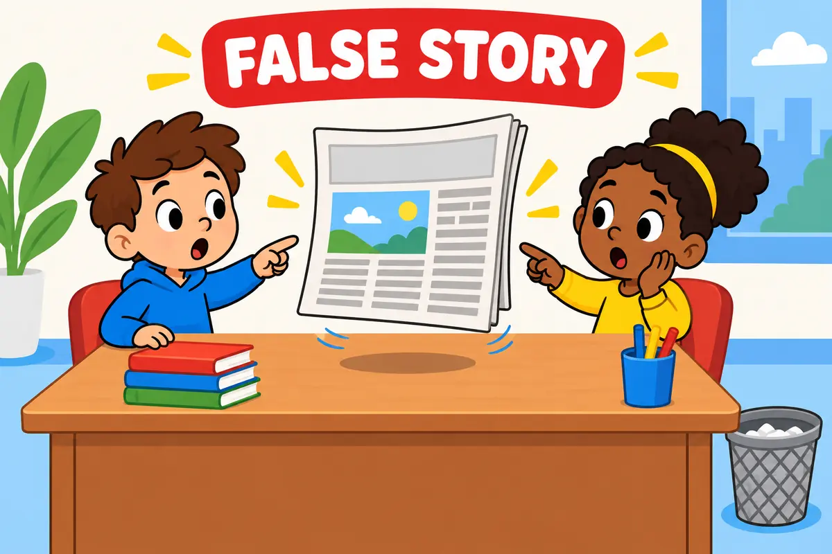 A cartoon newspaper lifts off a desk as startled readers point, showing canard in a sentence as a false story.