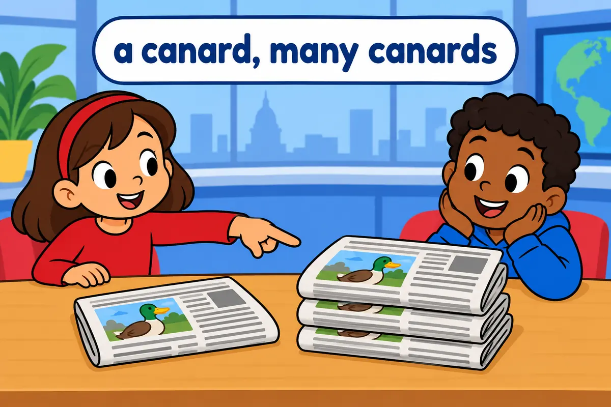 Three cartoon newspapers stack up beside a single sheet to show the countable noun canard and its plural.