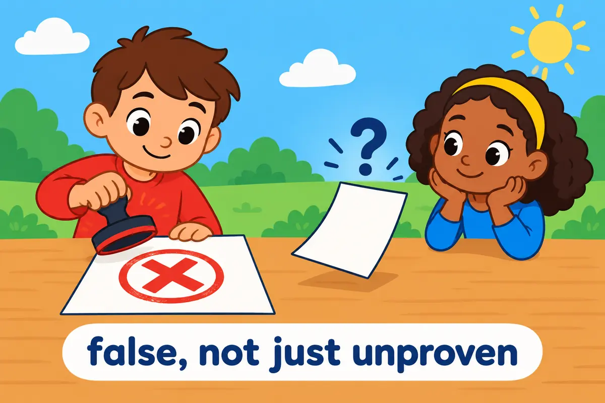 A cartoon single scene contrasts a stamped false sheet with a question-marked slip to show a canard is not a rumor.