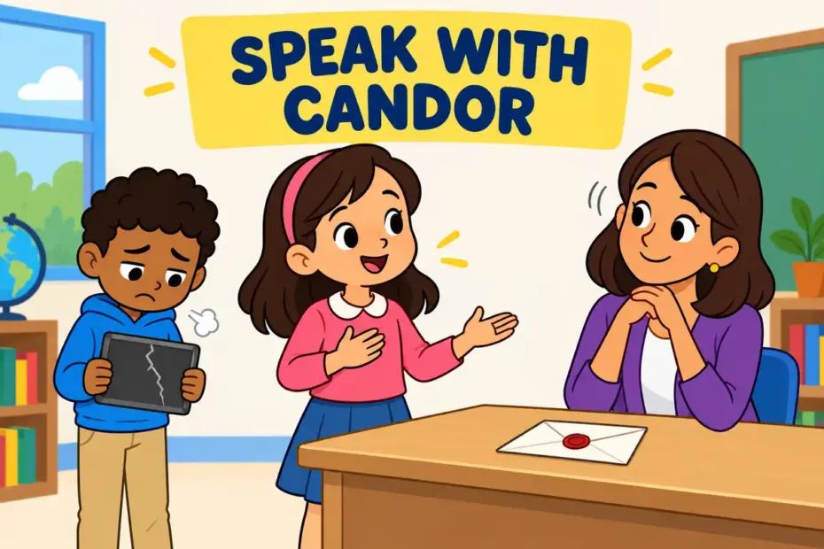 A cartoon pupil answers a teacher honestly, showing candor in a sentence as openness instead of hiding a mistake.