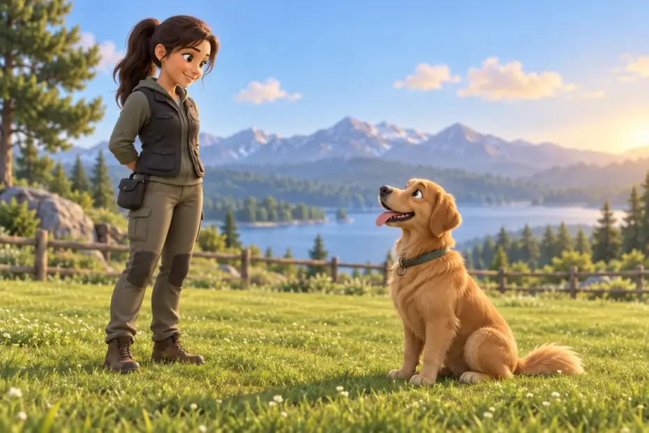 A dog trainer watches a dog sitting calmly on a field.