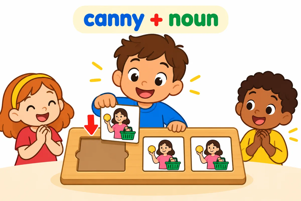 A cartoon child slots a card reading canny before a picture of a buyer on a sentence board.