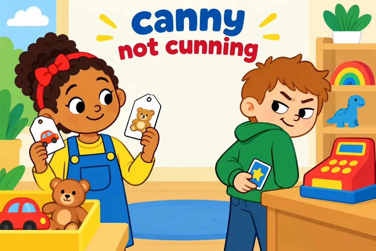 A single cartoon scene contrasts an honest child comparing prices with a child hiding a trick behind their back.