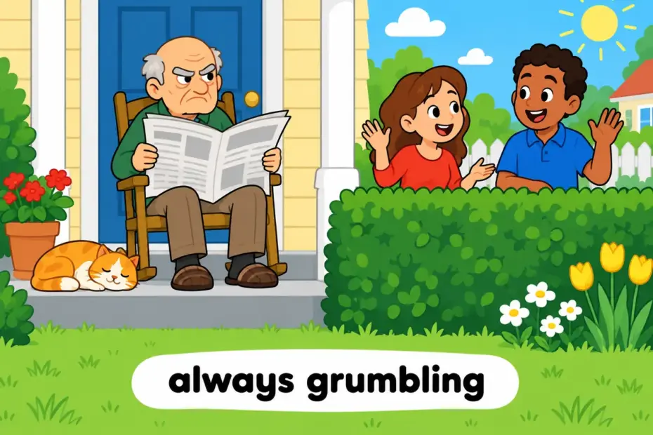 Cartoon elderly man frowns behind a newspaper while neighbours smile outside, showing cantankerous in a sentence as a lasting bad temper.