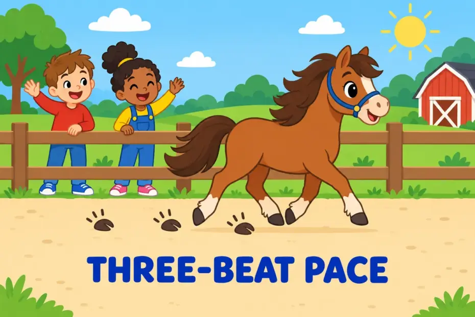 A pony moves at a three-beat pace, illustrating canter in a sentence between trot and gallop.