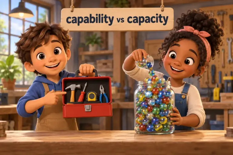Cartoon children show capability vs capacity with a toolbox for a skill beside a jar filled to its limit.