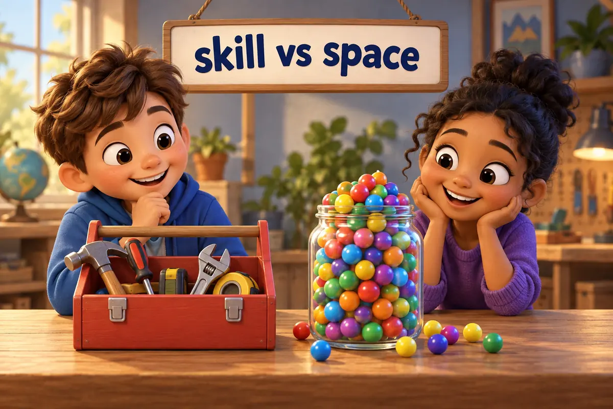 Two cartoon children compare a toolbox for doing a job beside a jar being filled to its limit.