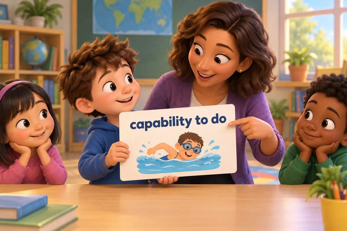 A cartoon teacher corrects a word card that wrongly uses capacity for a child's skill.