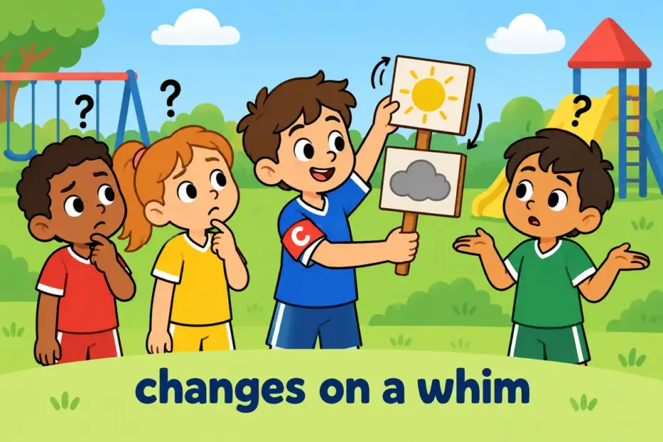 A cartoon team captain flips a sign back and forth while puzzled teammates look on, showing capricious in a sentence as sudden change.