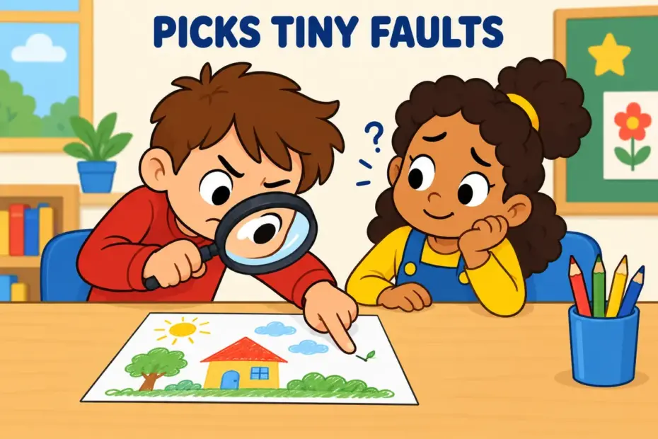 Cartoon child inspects a classmate's neat drawing with a magnifying glass, showing captious in a sentence as finding trivial faults.