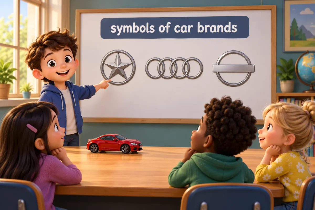 Cartoon car brand symbols and names display shows a star, four rings and a circle emblem on a board.