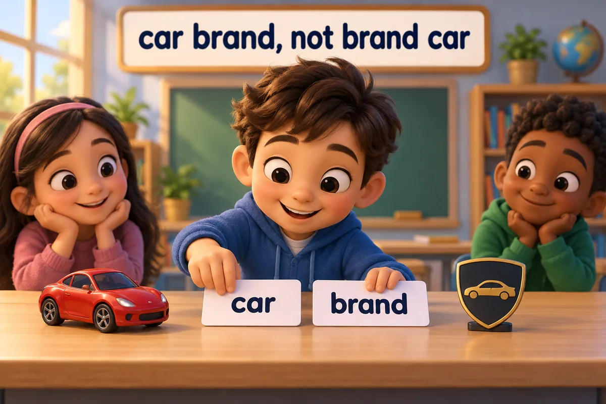 A cartoon child swaps cards so the word brand sits before car in a sign.