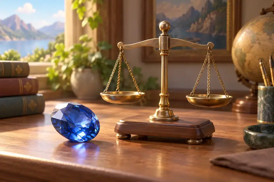 A gemstone rests beside a small precision balance.