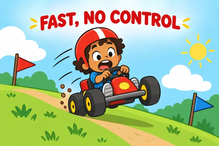 A cartoon go-kart careens down a slope with a surprised driver, showing careen in a sentence as fast uncontrolled motion.
