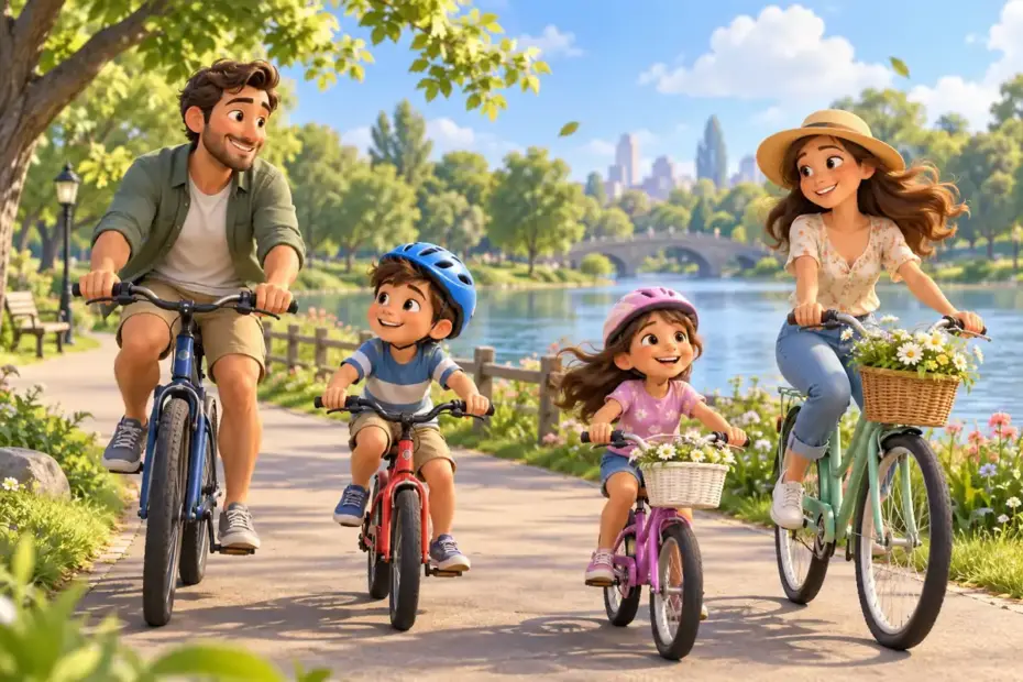 A family enjoys an easy bicycle ride together along a quiet park path.