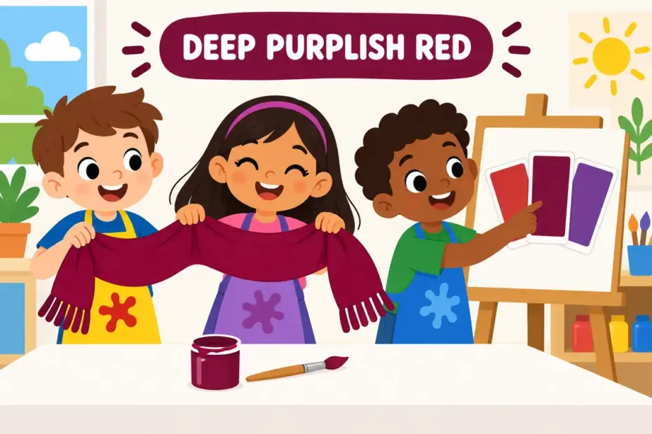 Cartoon children paint a scarf a deep purplish red beside swatch cards, showing carmine in a sentence as a colour and a dye.