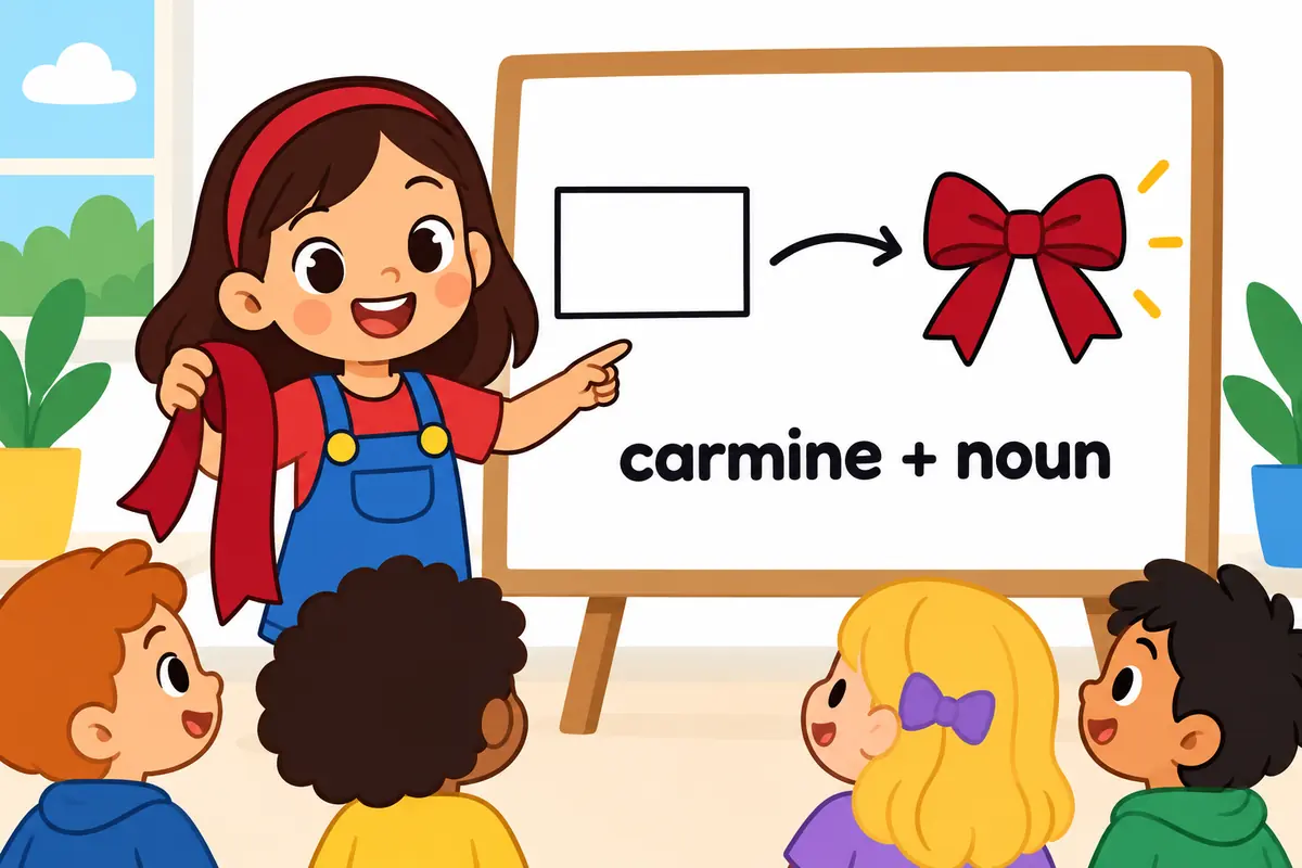 A cartoon girl holds a carmine ribbon beside a large card showing the colour word pattern carmine plus noun.