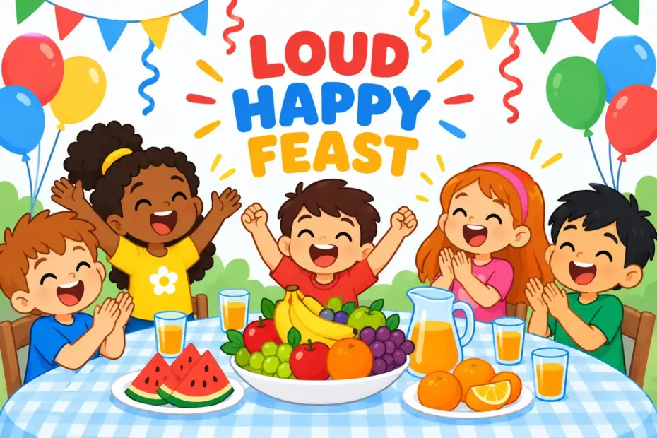 Children cheer together at a lively feast, illustrating carouse in a sentence as noisy communal merrymaking.