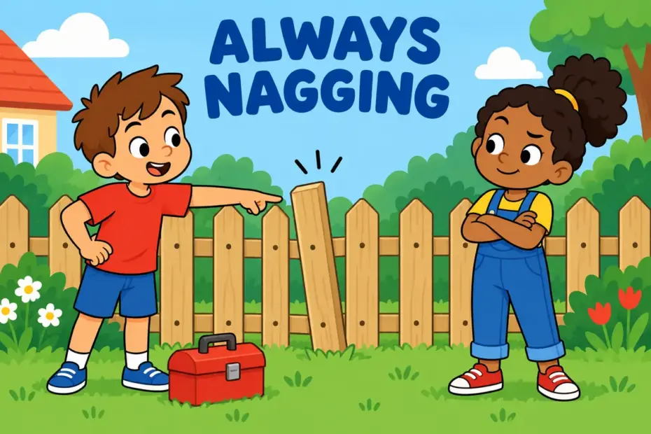 Cartoon neighbours grumbling at a fence, showing carp in a sentence as repeated small complaints.