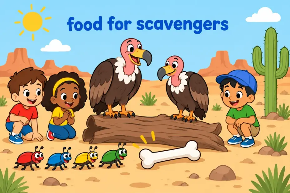 Cartoon vultures and beetles gather around bones in a desert, showing carrion in a sentence as the flesh scavengers eat.