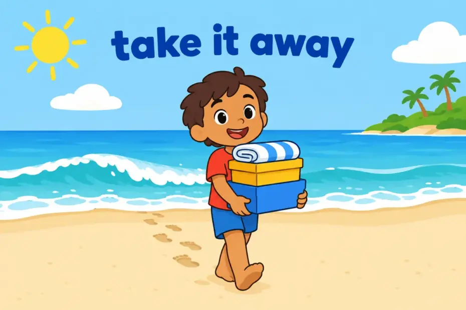 A cartoon child carries boxes away from a beach, showing carry away in a sentence as removing something from a place.
