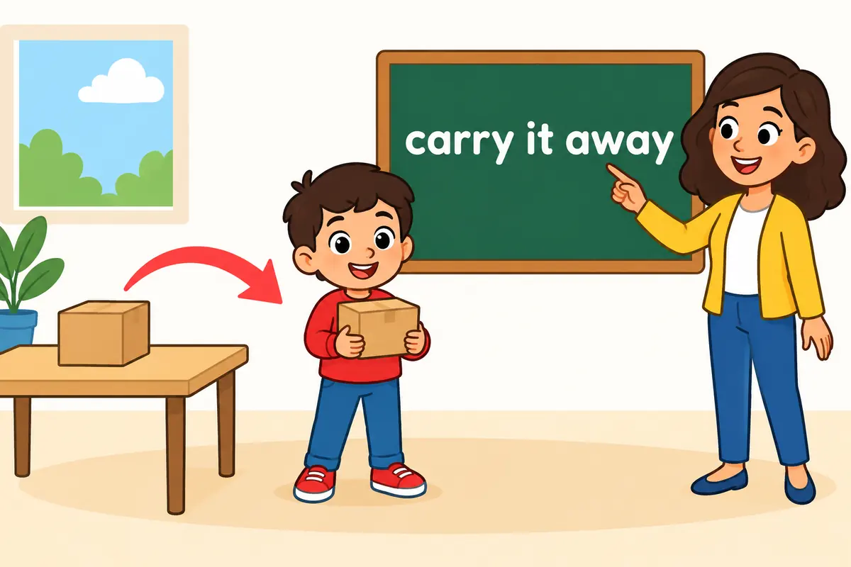 A cartoon child tucks a small box under one arm while an arrow shows the box moving away.