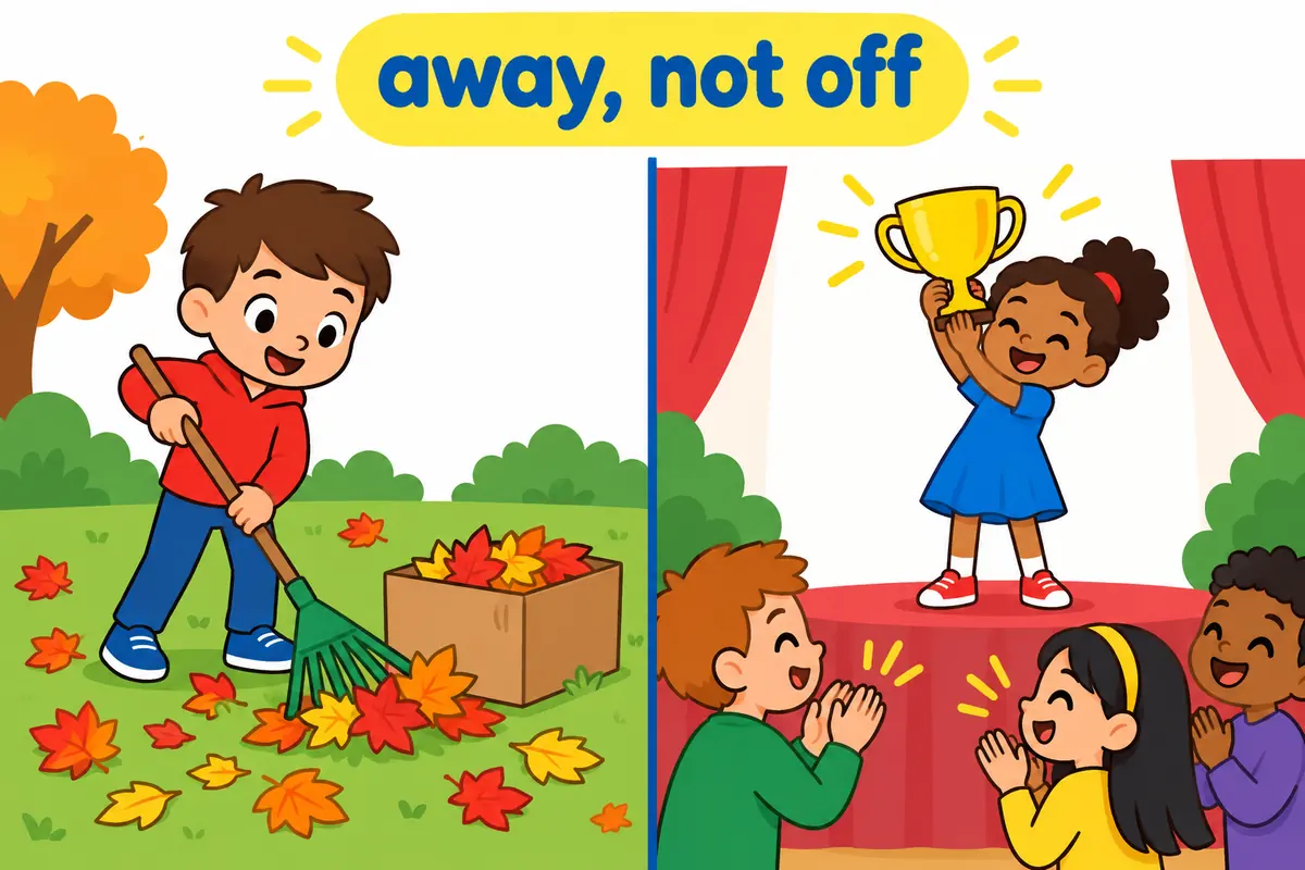 Two cartoon panels contrast a child clearing boxes with a child giving a winning speech.