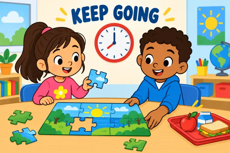 Cartoon children return to a jigsaw puzzle after lunch, showing carry on in a sentence as continuing a paused task.
