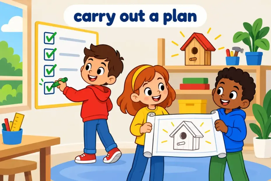 Cartoon pupils complete a checklist for carry out in a sentence, showing a planned task performed all the way to the end.