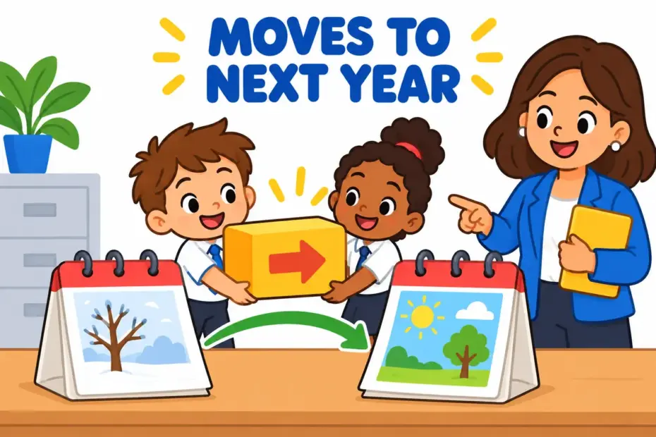 Cartoon office workers move a box of leftover holiday days onto a new calendar, showing carry over in a sentence.