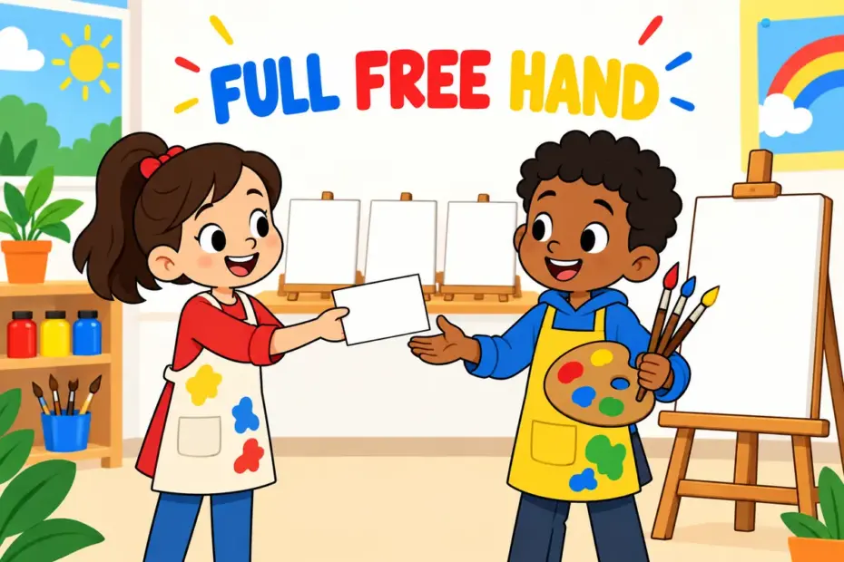 Cartoon pupil hands a blank card to a friend with a paint set, showing carte blanche in a sentence as full freedom to choose.