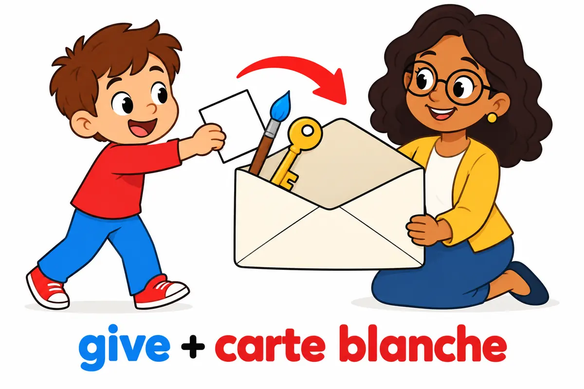 Cartoon pupils slot a blank card, a paintbrush and a set of keys into one large open envelope.