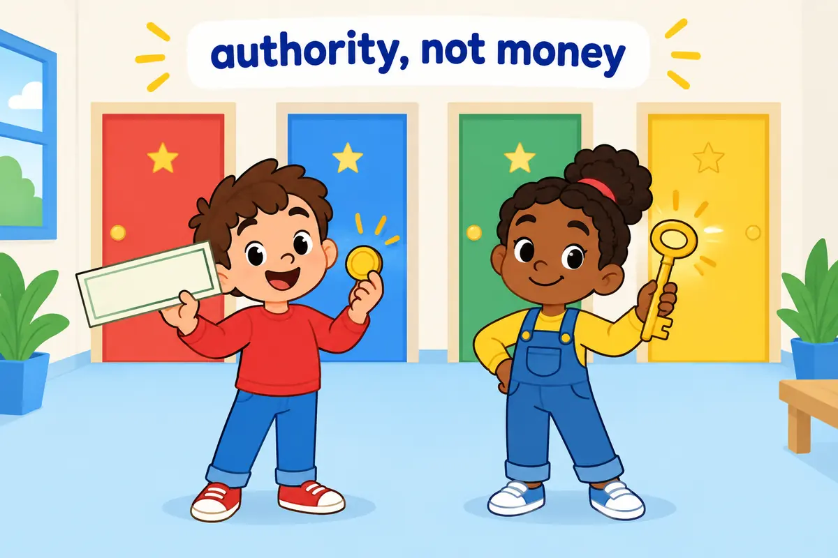 Two cartoon scenes compare a child holding a blank money voucher with a child holding a key to every classroom door.