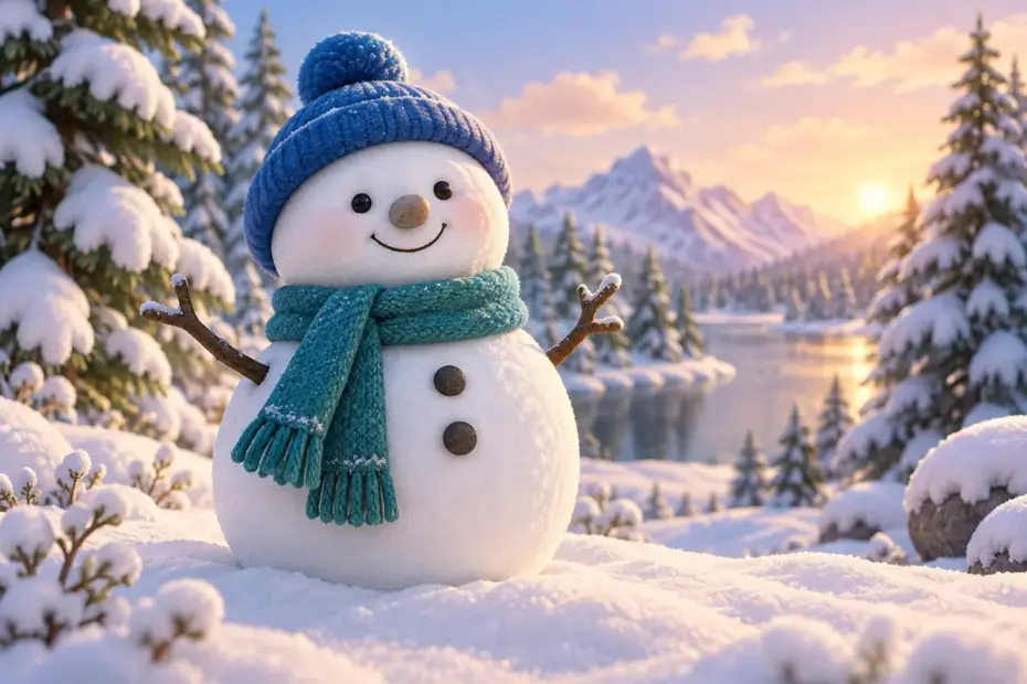 A cheerful snowperson stands in a snowy forest.