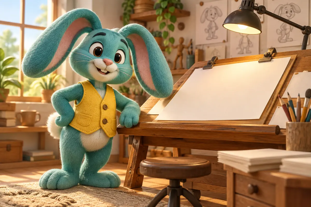A teal rabbit character stands beside an animation desk.