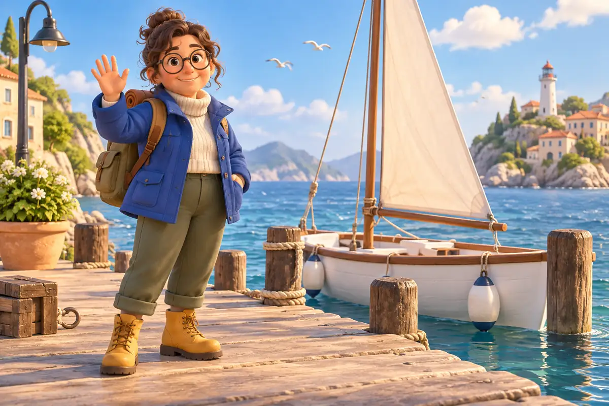 A cartoon traveler waves on a bright seaside pier.