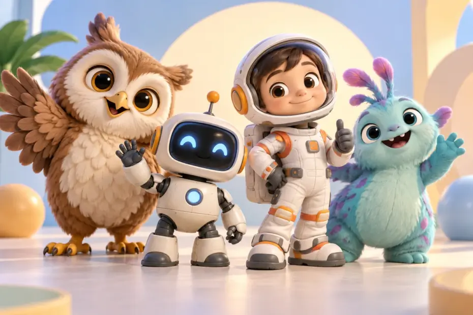 A group of original animated characters with varied silhouettes stand on a studio stage.