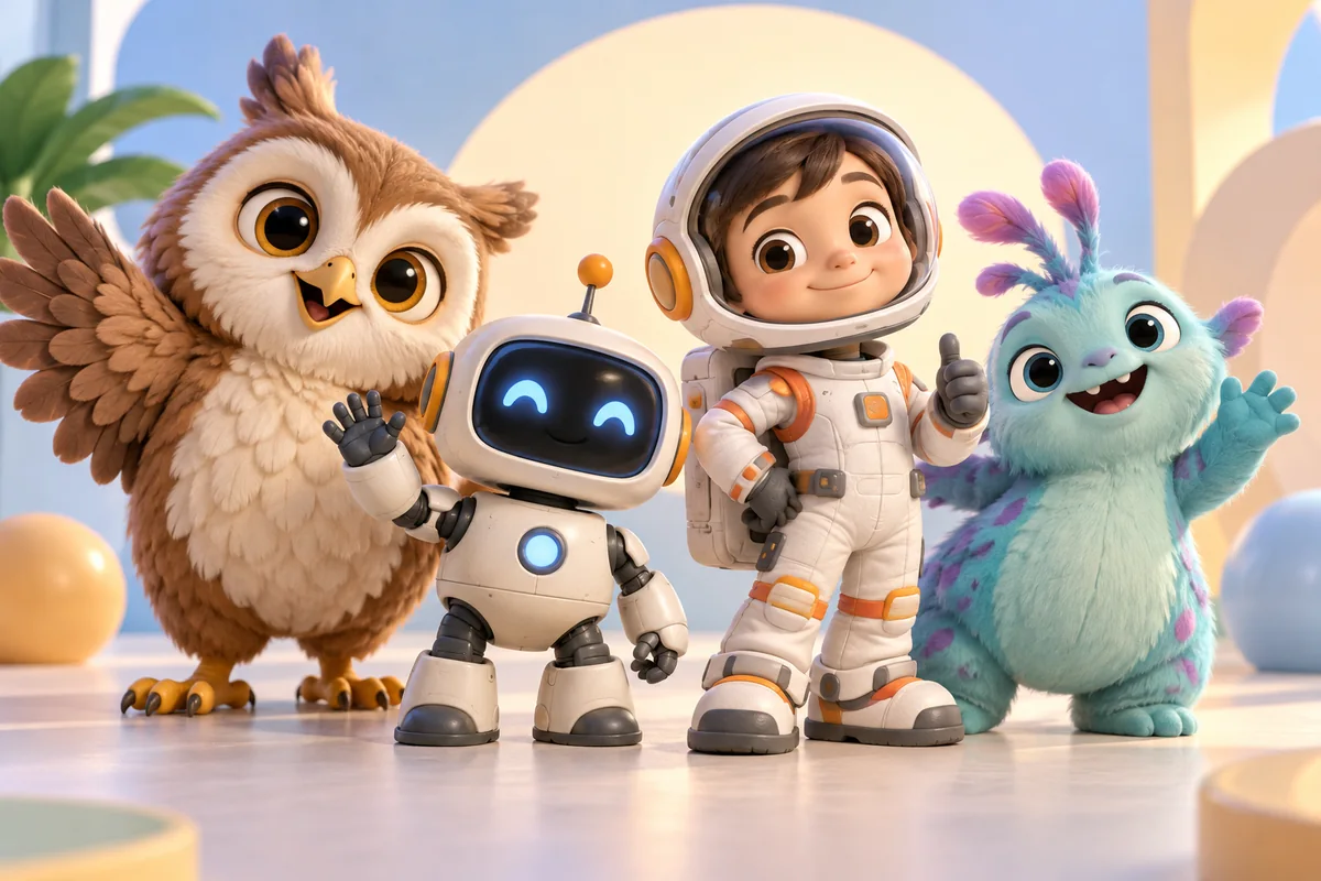 A group of original animated characters with varied silhouettes stand on a studio stage.