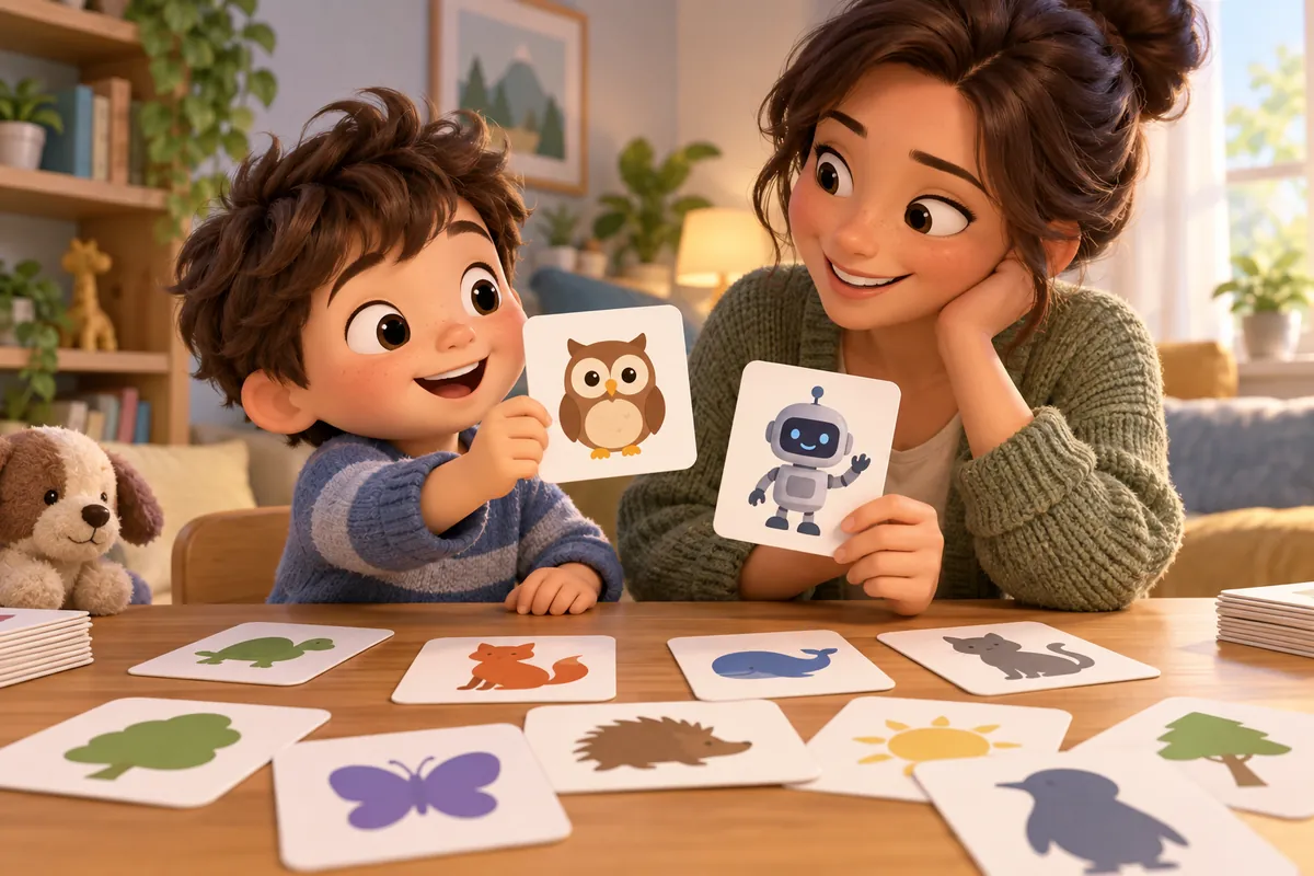 A child and caregiver choose blank cards with original owl and robot character silhouettes.