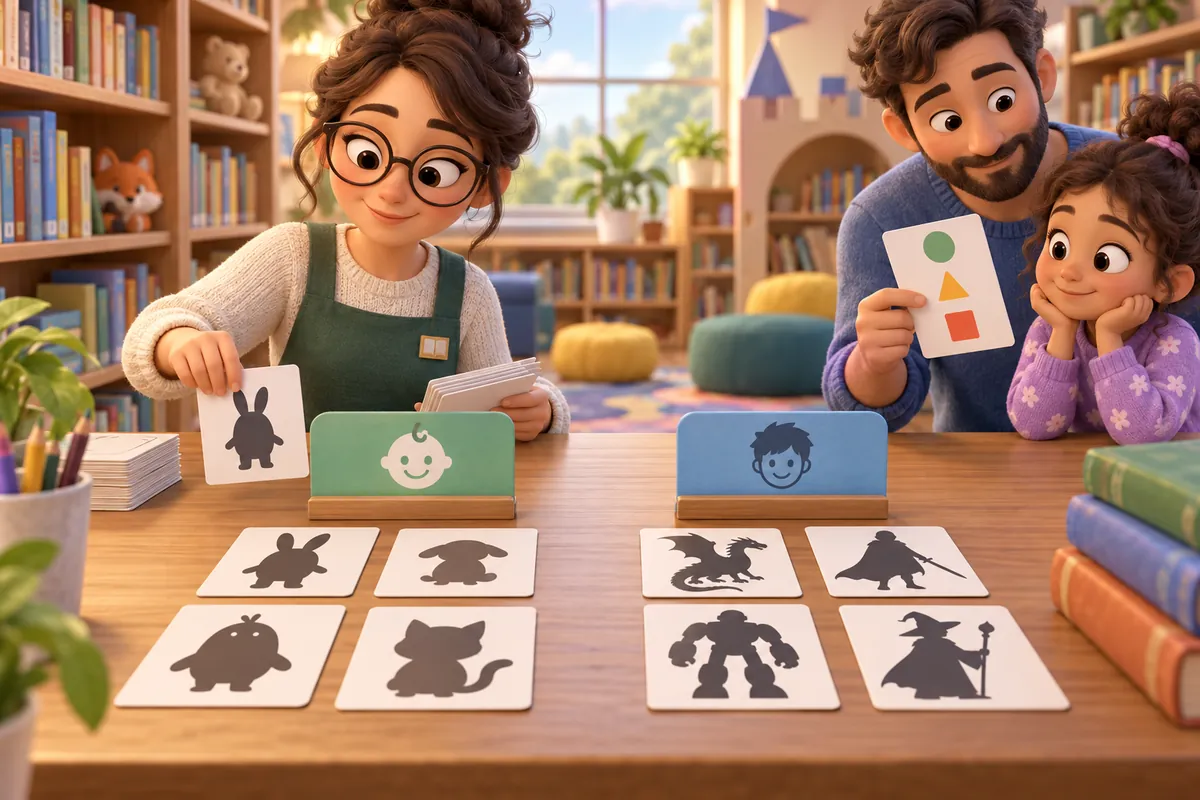 A librarian sorts original cartoon-character cards by audience with a parent.