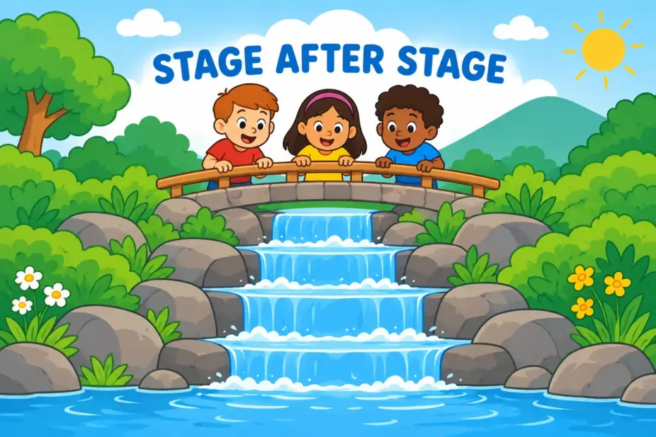 Cartoon children watch a stepped stream tumble over rocks, showing cascade in a sentence as water falling in stages.