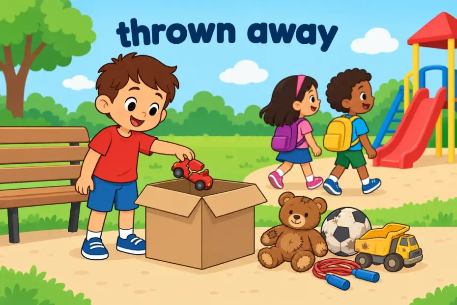 Cartoon child drops a worn toy into a box while friends walk on, showing cast aside in a sentence as rejection.