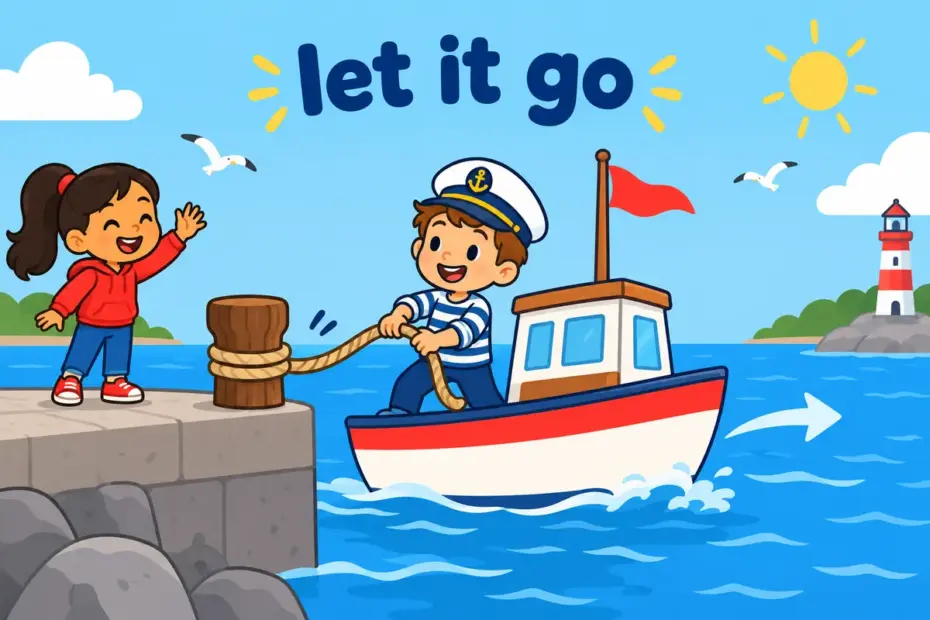 Cartoon sailor untying a rope from a quay, showing cast off in a sentence as releasing a boat to leave.
